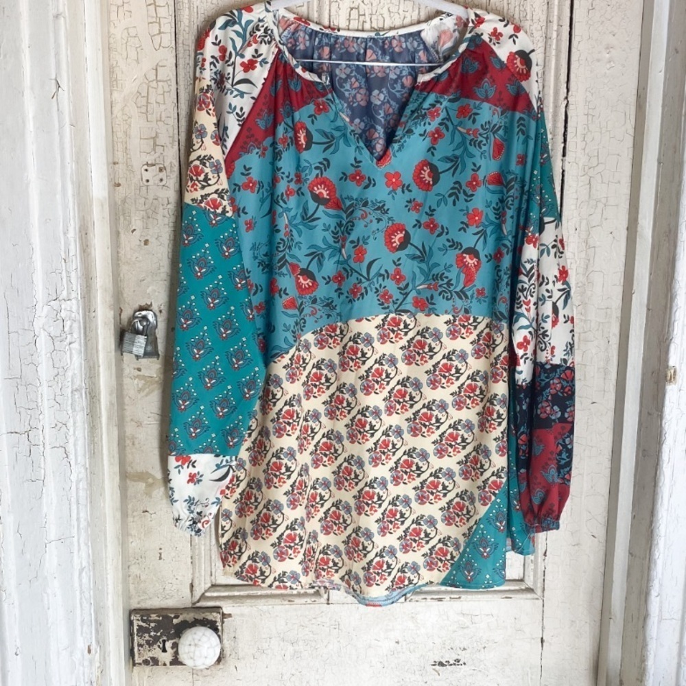 Boho patchwork split neck long sleeve blouse xl - Picture 3 of 4